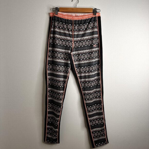 Kari Traa Baselayer Pants Womens Large Black Pink Geo Nordic Pattern Stretch - Picture 1 of 12